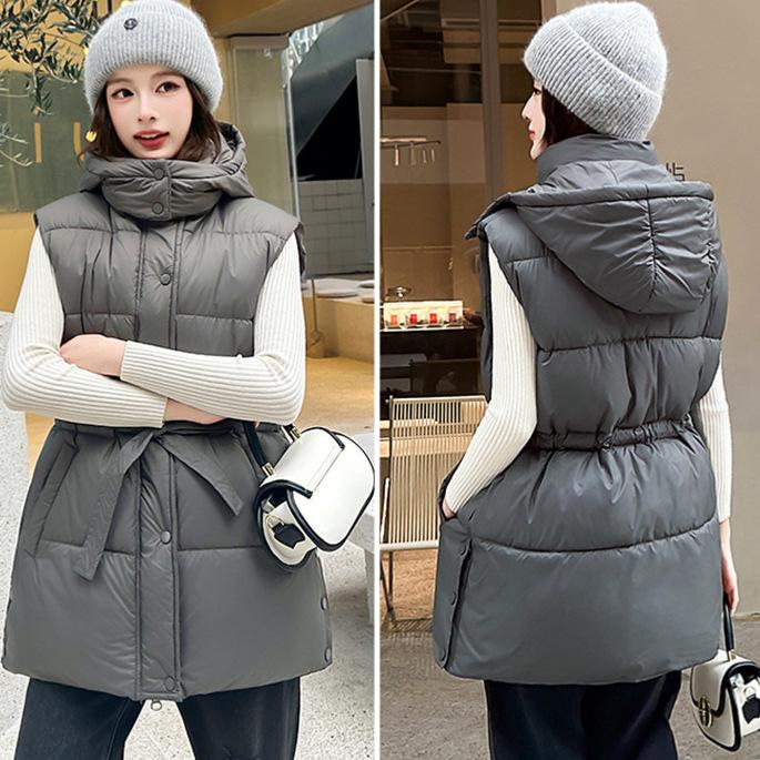 Autumn and winter new niche hooded single-breasted buckle lace-up waist versatile thickened cotton-padded vest jacket women
