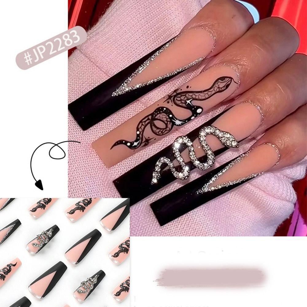 Маникюр Пресс на ногтях Черный край Змея Накладные ногти Длинные Французские балерины Сияющий Кристалл