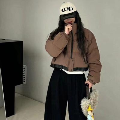 Американский пуховик контрастного цвета со стойкой женский 2025 новый модный из пуха маленькой белой утки с двойной молнией милый и крутой пуховик-«хлебушек»