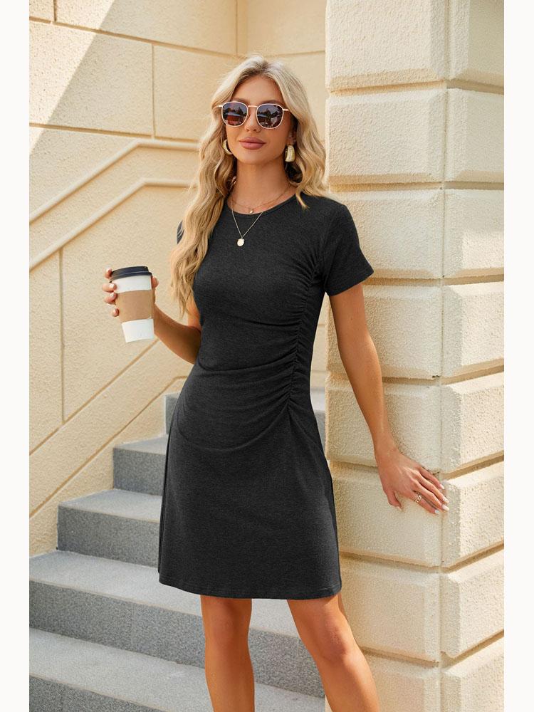 2026 Spring Summer Round Neck Drawstring Solid Color Short Sleeve Casual Dresses For Women