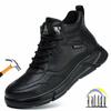 Black Leather Work Shoes with Steel Toe Caps Waterproof Safety Shoes Anti Puncture Anti Smash High Top Work Safety Boots for Men