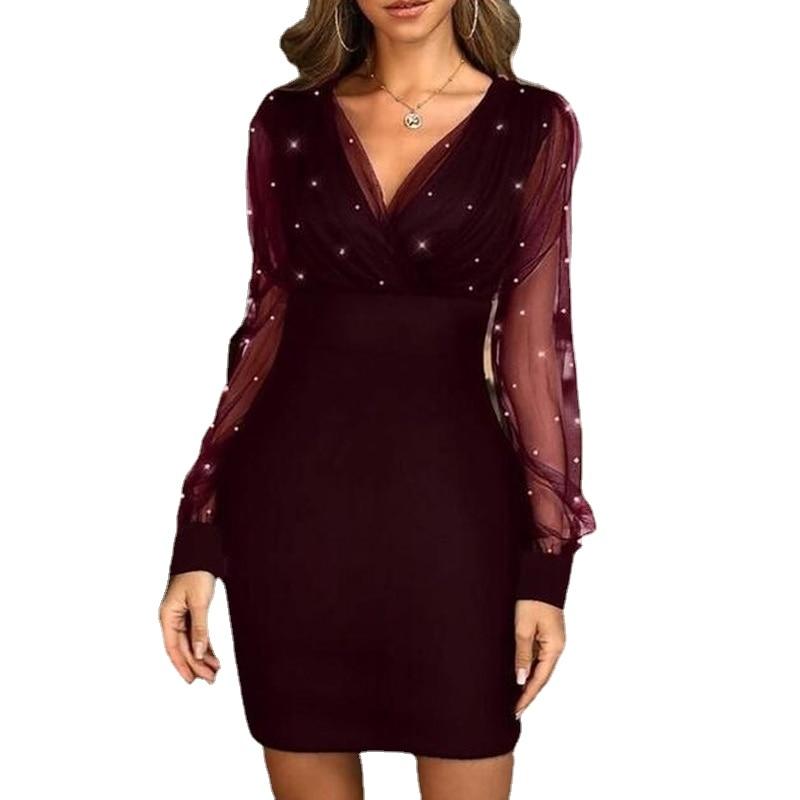 Mesh Stitching Shiny Dress Women Spring Sexy V-neck Slim Short Dress Party Long Sleeve Dresses Female Vestidos Elegant 18333