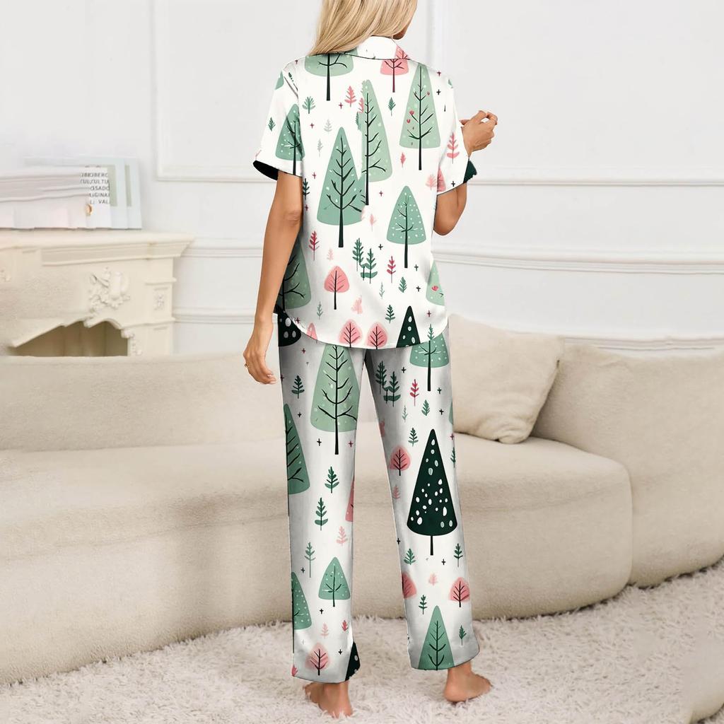 Женский рождественский пижамный комплект с принтом, женские короткие рукава, длинные брюки, комплект из двух предметов, застегивающийся на пуговицы, домашняя одежда