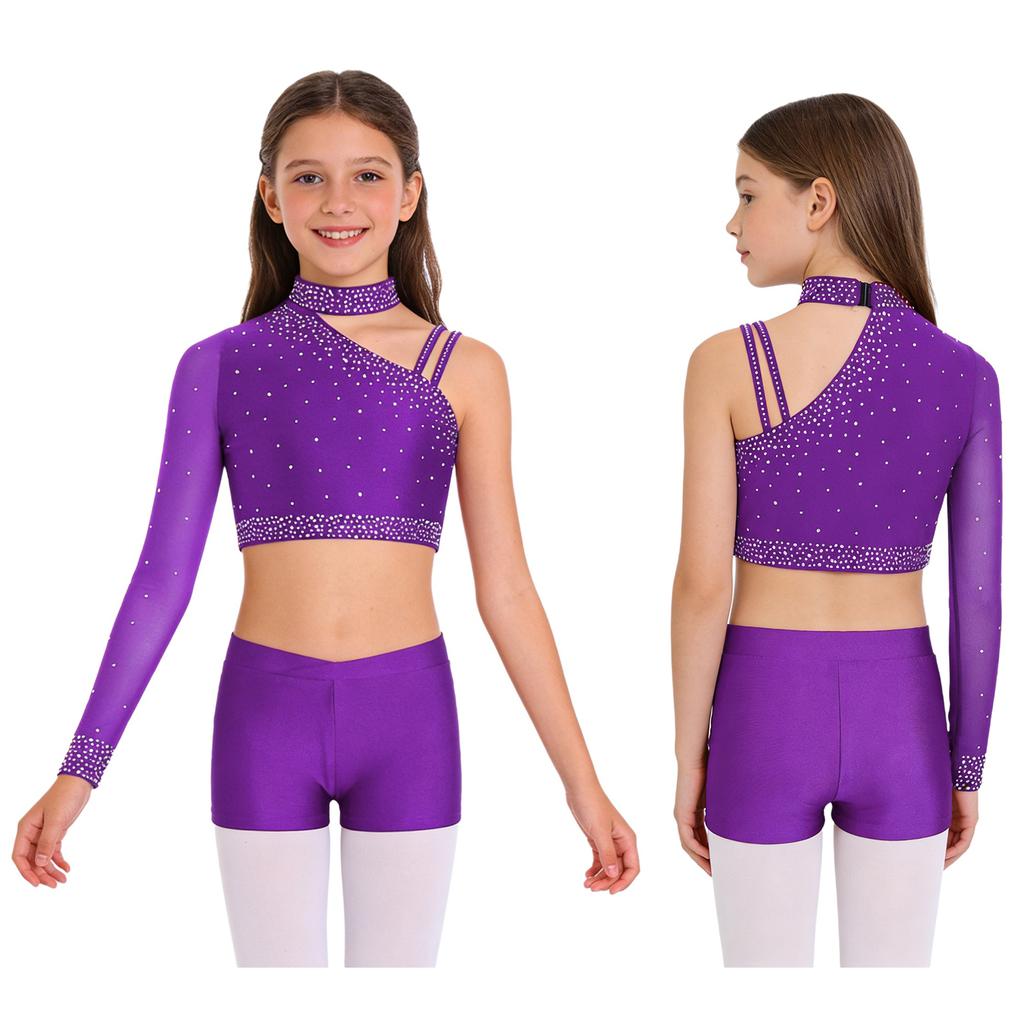 Блестящий укороченный топ для танцев со стразами для девочек: Шорты с асимметричным плечом и V-образным поясом для танцевальных выступлений