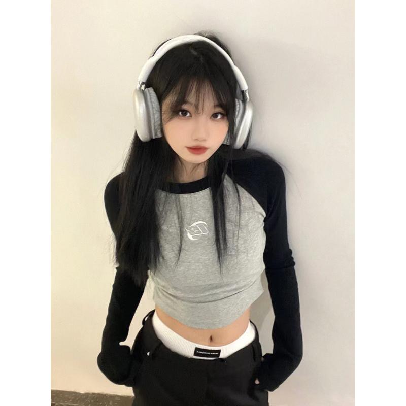 Y2k винтажный укороченный топ с длинными рукавами, женские корейские модные футболки в стиле Харадзюку Kpop, эстетические футболки с графикой, лоскутные осенние