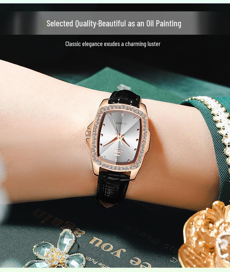 Женские часы SENO Retro Square Diamond с кожаным ремешком - Простой дизайн с кварцевым механизмом и бриллиантами.