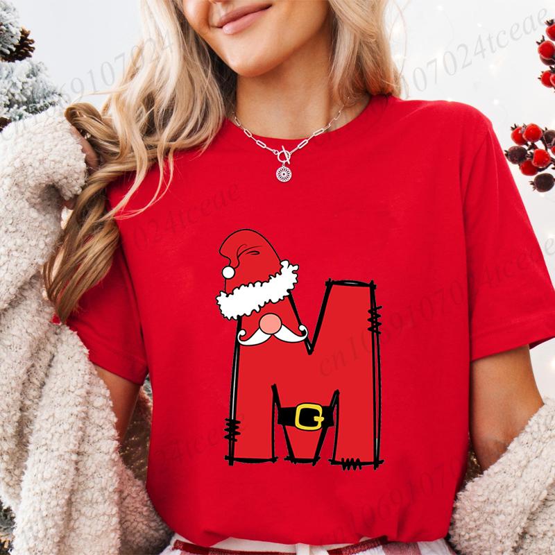 Summer Y2k Women T-shirt Christmas Santa Alphabet A~Z Printed Female Clothing Short Sleeve Tops Christmas Santa Party Tee Shirts