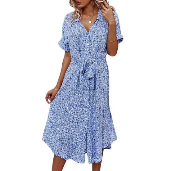 Women Summer Floral Midi Dress Short Sleeve Button Down Belted Dress Casual V Neck Shirt Dress with Slit Hem