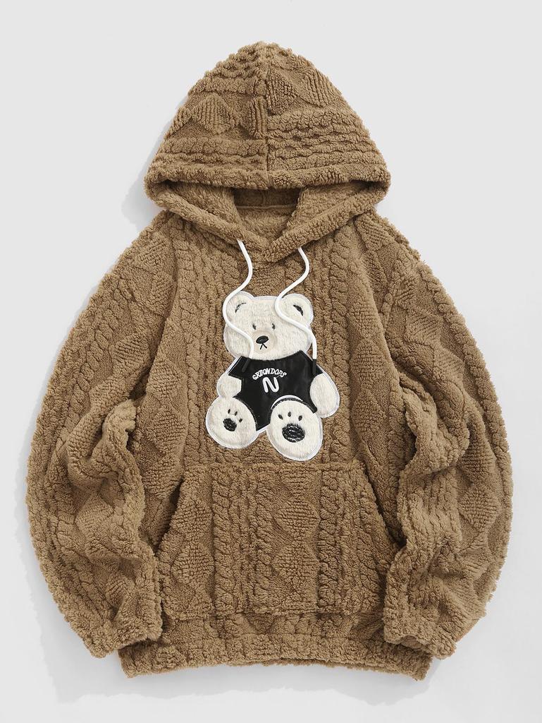 ZAFUL Men's Bear Patched Design Argyle Textured Kangaroo Pocket Fluffy Faux Fur Pullover Hoodie