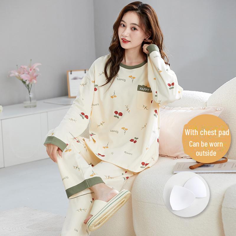 Женская осенняя пижама с длинными рукавами и рисунком из мультфильмов, с нагрудными накладками - тонкий хлопок для ношения в помещении и на улице весной, осенью и зимой