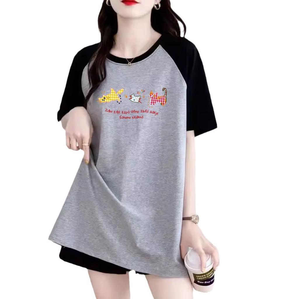 Наряд в студенческом стиле с хлопковой футболкой с коротким рукавом реглан большого размера в стиле колор-блок для девочек на весну и лето, новый свободный топ с круглым вырезом