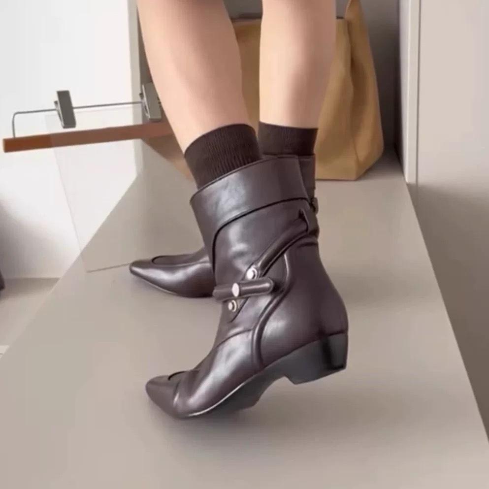 Версия из овчины~ Корейские нишевые замшевые ботильоны на толстом каблуке с маленьким квадратным носком, ковбойские ботинки в западном стиле, женские осенне-зимние новые тонкие ботинки