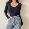New Arrivals Open Run Crop Long Sleeve T shirT Round Neck Dual Layered sTreTch T