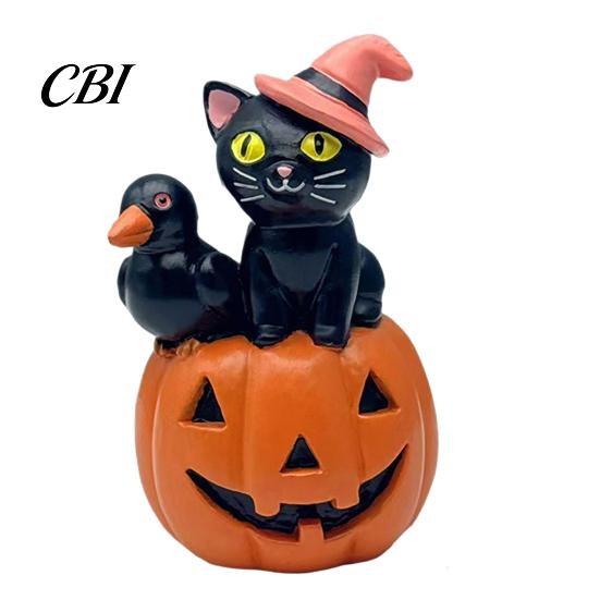 Office Desk Decorations Halloween Cat Pumpkin Figurine, Retro Black Stacked Resin Figurine for Table Mantel Home Fireplace Shelf Indoor Party Ornament