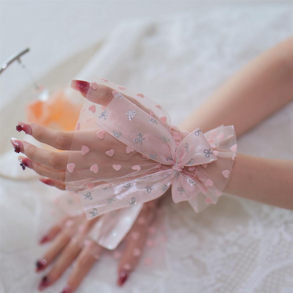 Silver Glitter Bow Embellished Arm Sleeve For Nail Photography Elegant Chiffon Accessory With Elastic Fit