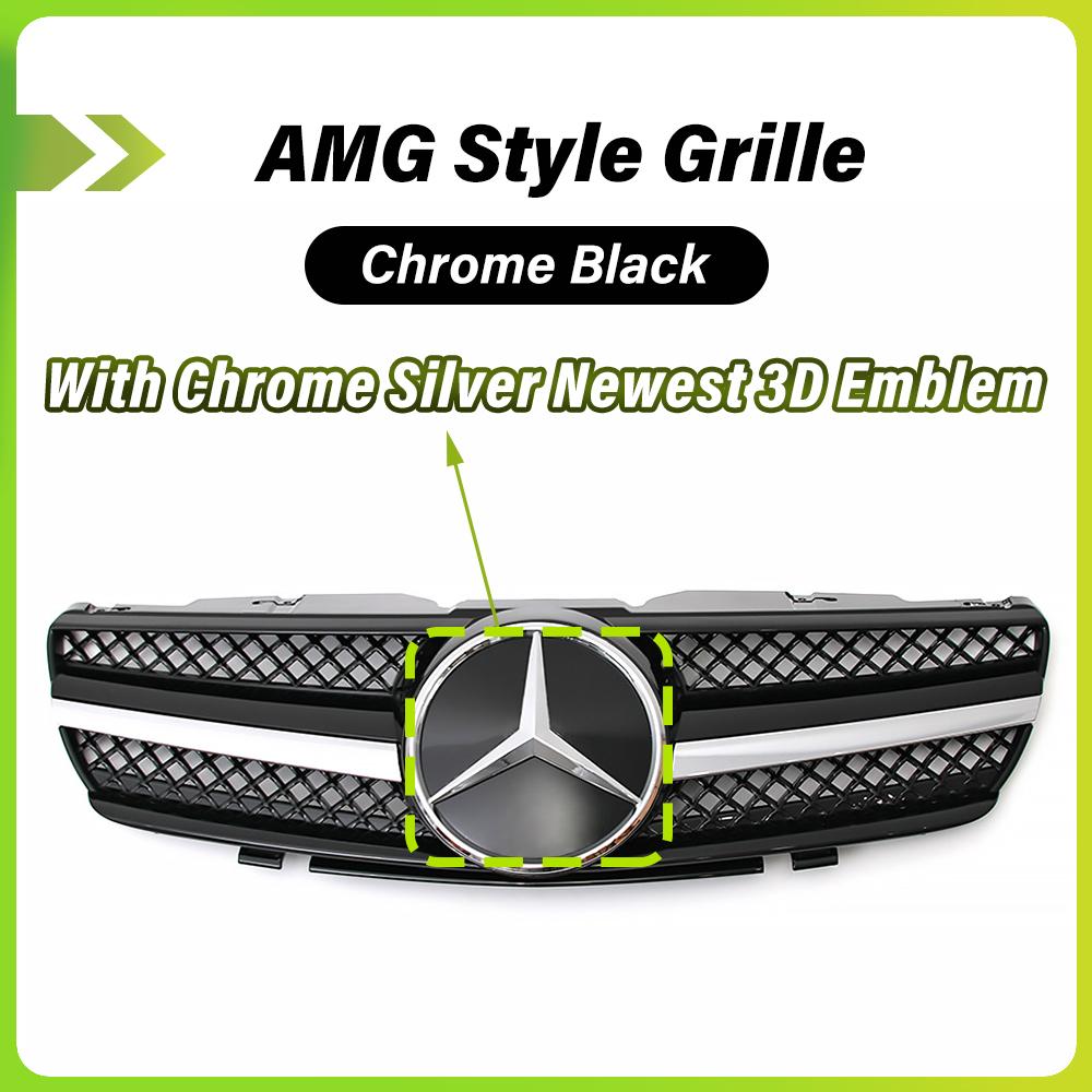 AAUI1 Chrome Black AMG Style Bumper Grille With Car Front Racing Grilled Emblem Logo For Mercedes Benz SL-Class R230 03-06 SL500 SL55
