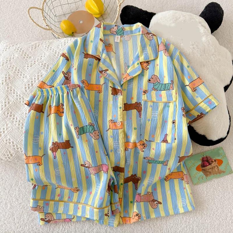 Star Striped Dog Print Kawaii Pajamas for Women Y2K Fashion Lapel Neck Women's Pajamas Summer Sweet Cute Home Wear Woman