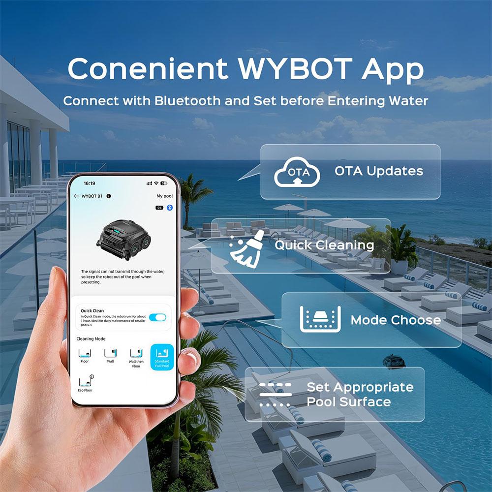 Беспроводной роботизированный очиститель бассейна WYBOT B1, Полная очистка бассейна, Щетка для краев и углов, Четырехроликовая щетка, Время работы 120 минут