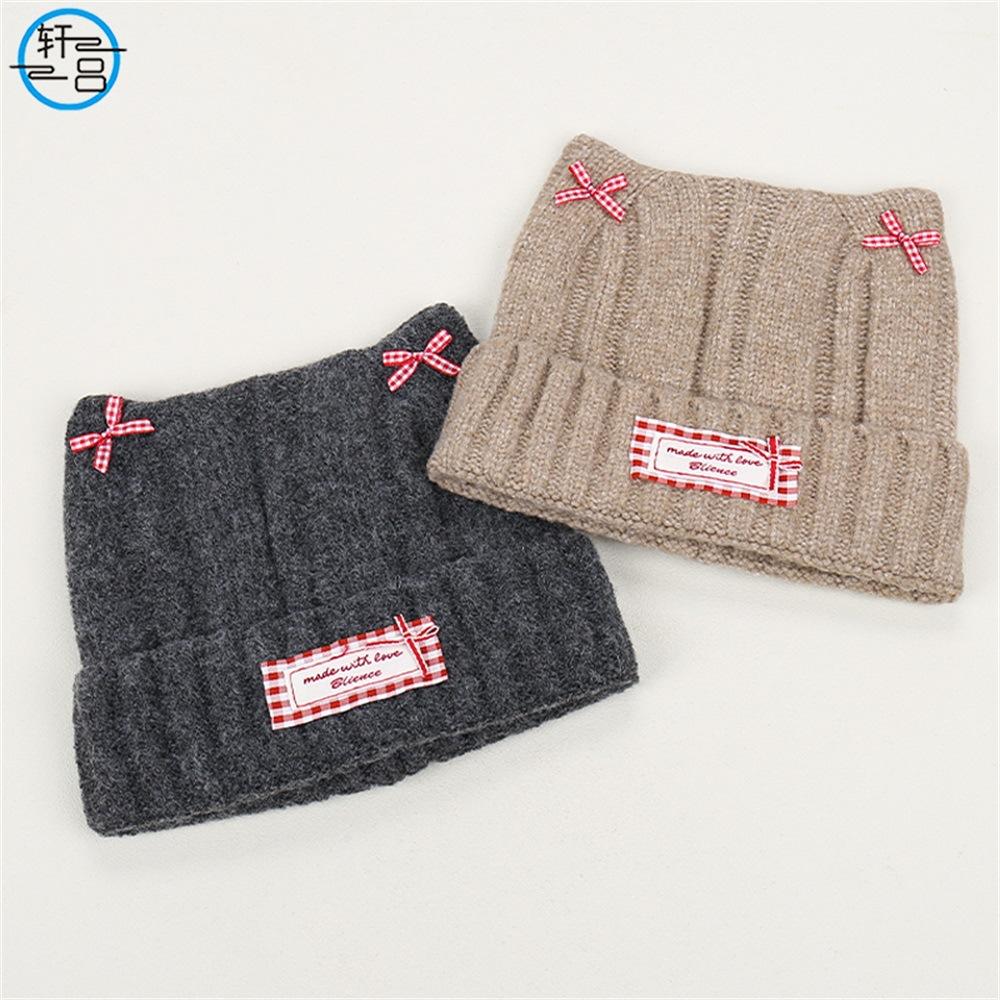 Sweet bow cat ear knitted pullover hat for women, small face in autumn and winter, warm and fashionable versatile wool hat