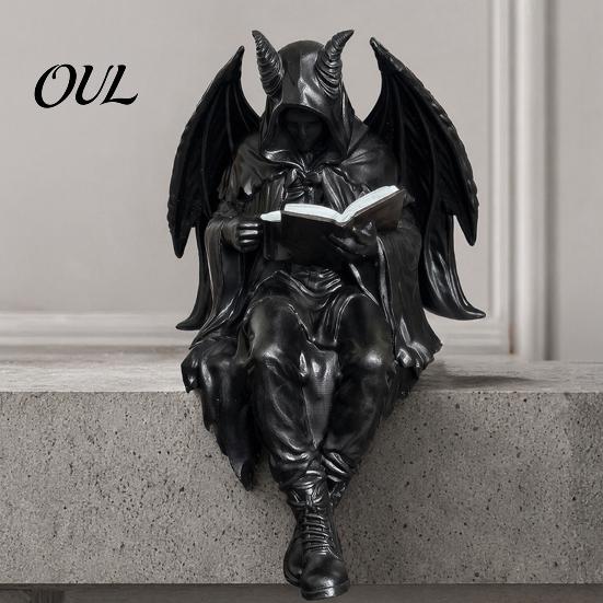 Dark Skeleton Figurine Halloween Reading Book Figurine, Spooky Devil Resin Sculpture, Gothic Decor Black Robe Grim Reaper Statue for Home Office