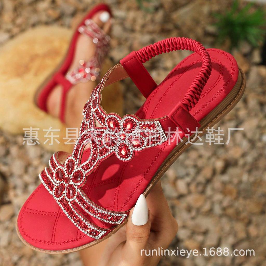 Сандалии большого размера с плоской подошвой и стразами, удобные женские туфли в стиле бохо, лето