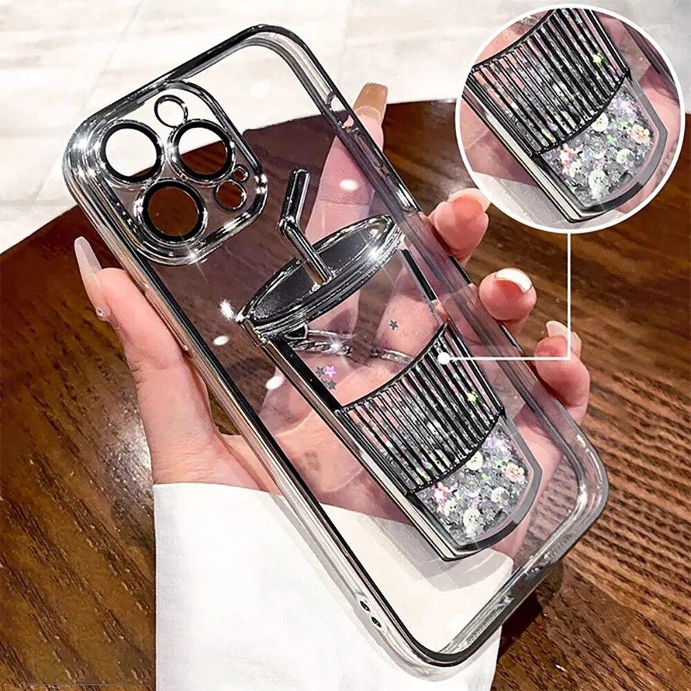 Electroplated Quicksand Liquid Phone Cases For iPhone 11 12 13 14 Pro Max Case Clear Milk Tea Cups Sequins Glitter Back Cover