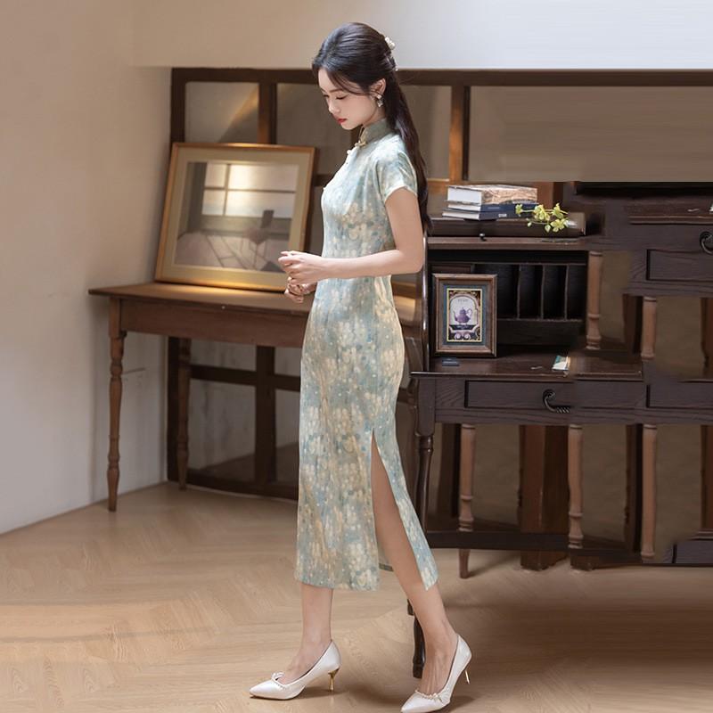 Womens Modern Chinese-Inspired Long Cheongsam Dress With Stand Collar Design Lightweight Stretch Fabric 2026