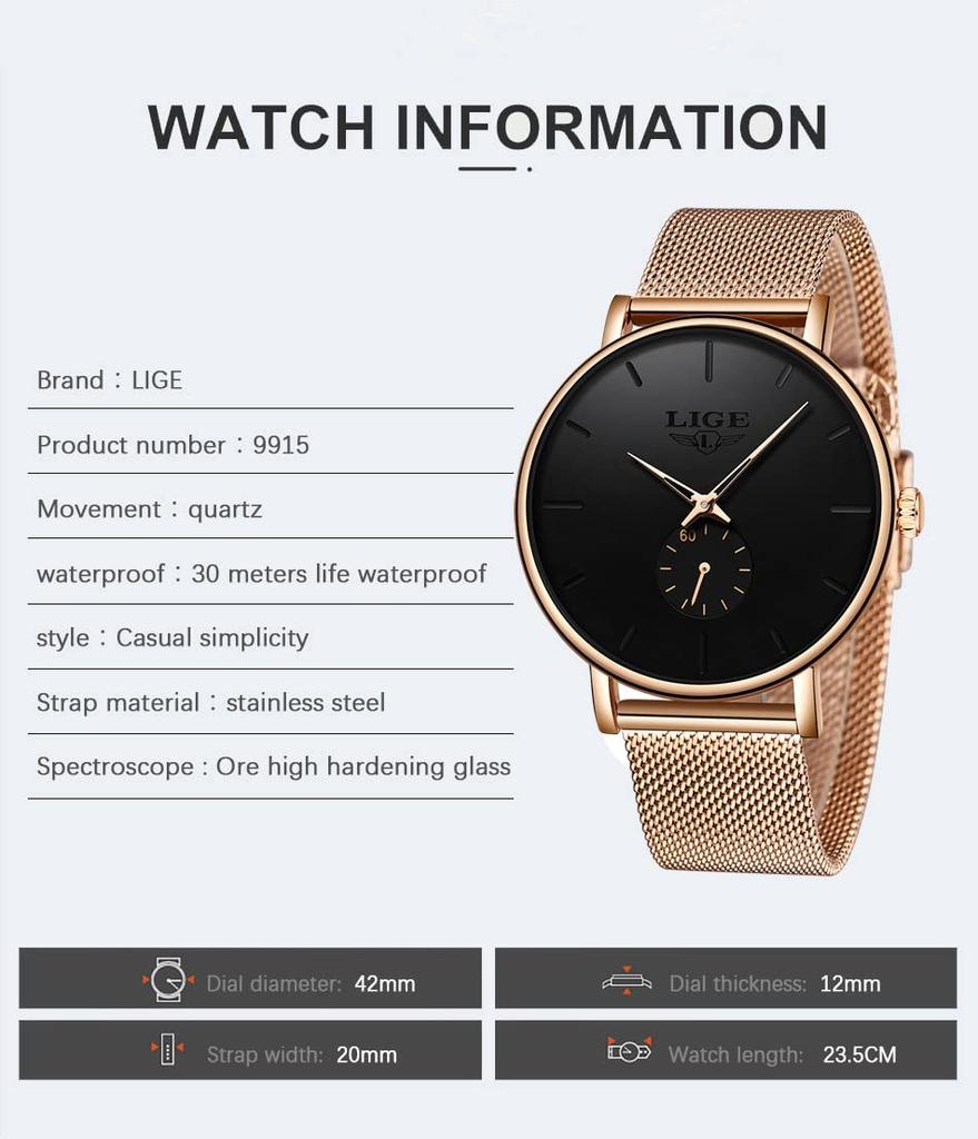 LIGE Часы мужские (Розовое золото/Простой)