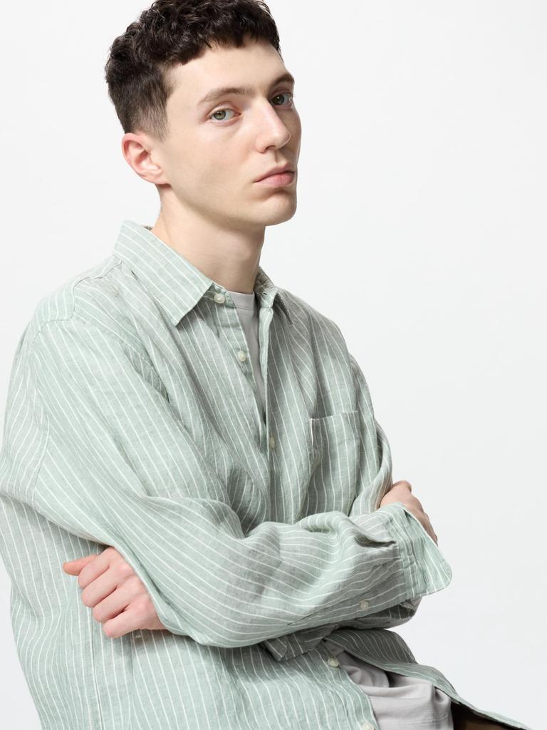Uniqlo Рубашка из льна премиум-класса с длинным рукавом в полоску A