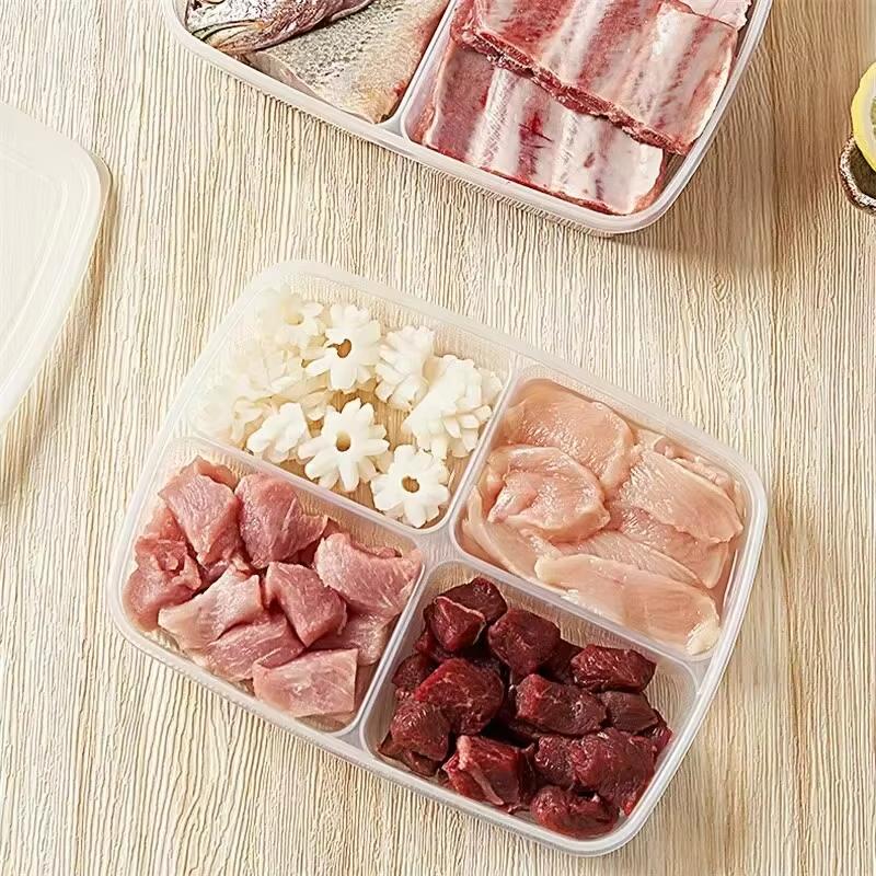 Замороженное мясо с лентой для хранения в холодильнике. Коробка для свежего мяса, лука, имбиря, чеснока. Коробка для овощей.