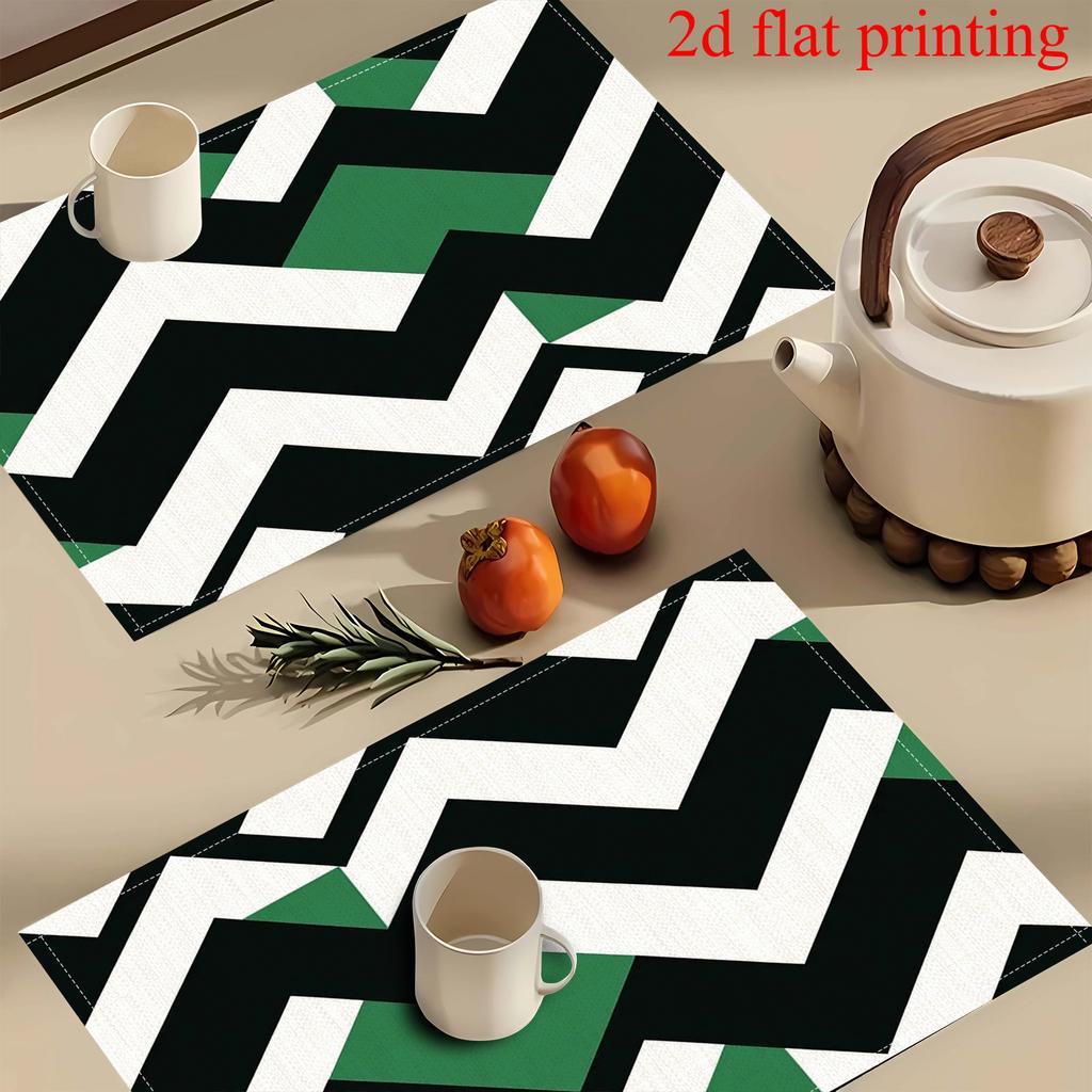 4pcs 2D FLAT Digital Print Placemats, Black, White, and Green Zigzag Pattern Printed Placemats, to Make Your Dining Room More Beautiful, Perfect for