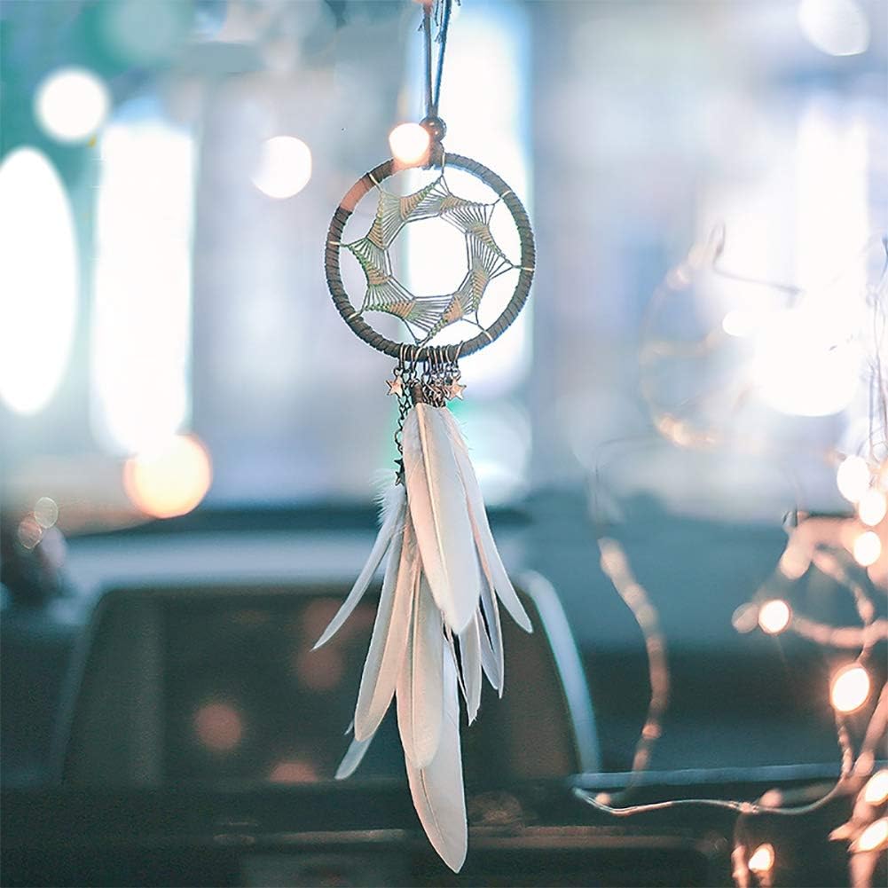 Alynsehom Dream Catcher Car Interior Rearview Mirror Hanging Decor Handmade Grids Nature Feather Small Boho Car Charms Pendant Accessories (Grey