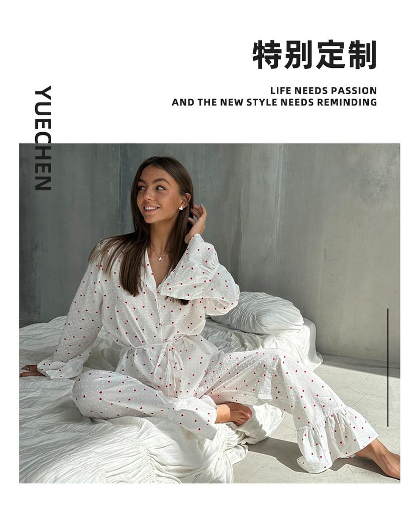 European and American autumn white pure cotton love printing pajamas set breathable and comfortable long-sleeved trousers women's loungewear
