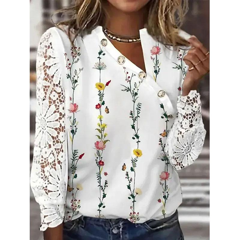 Весна и осень женская блузка модный темпераментный топ с длинными рукавами и кружевными рукавами с лепестками и воротником на пуговицах с цветочным принтом