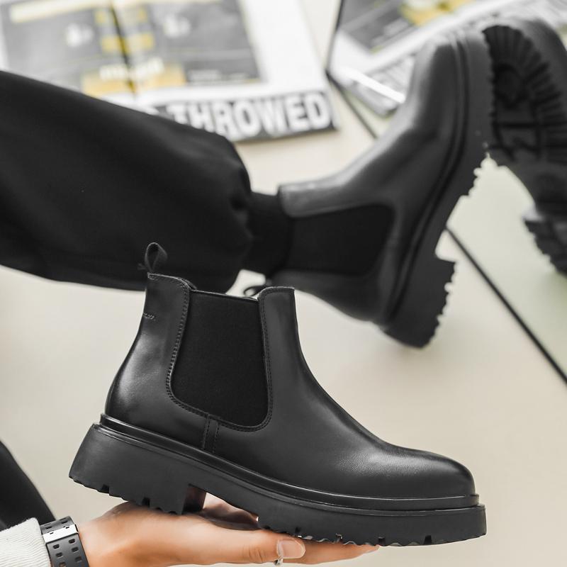 Ботинки челси из натуральной кожи, классические мужские ботинки в стиле ретро с острым носком, теплые зимние ботинки с плюшевым мехом, зимние ботинки на платформе без застежек