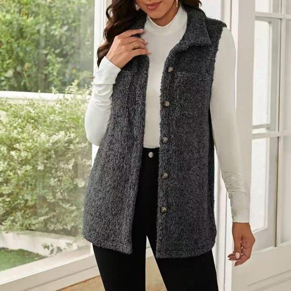 Women's Fashionable Double-Sided Collar Button-Up Cardigan Vest With Pockets