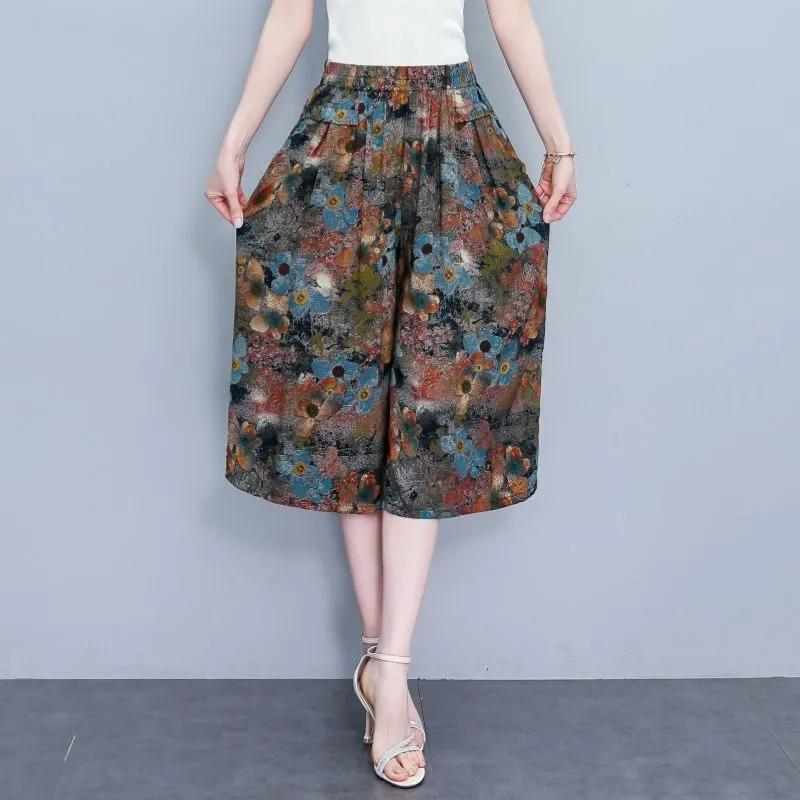 Женские летние свободные брюки с высокой талией Seven-minute Wide Leggings Тонкие удобные повседневные брюки для людей среднего и пожилого возраста