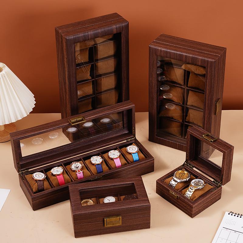 Exquisite Vintage Wood Grain Leather Watch Box with Dustproof Glass Lid for Wristwatch Display and Storage.