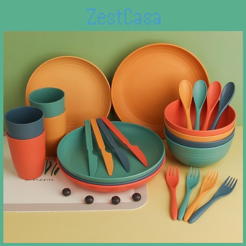 Tableware Portable Plastic 32piece Outdoor Set Of Wheat Straw Bowls Plates Cups Knives Forks And Spoons