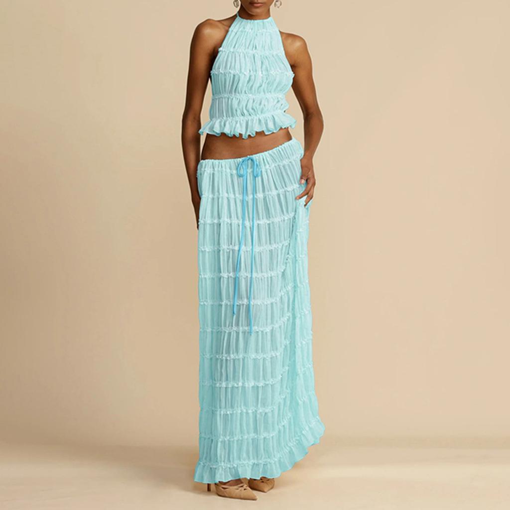 Женский легкий дышащий однотонный сексуальный кружевной топ и юбка с открытой спиной, комплект из двух предметов, свободное платье для отдыха на море