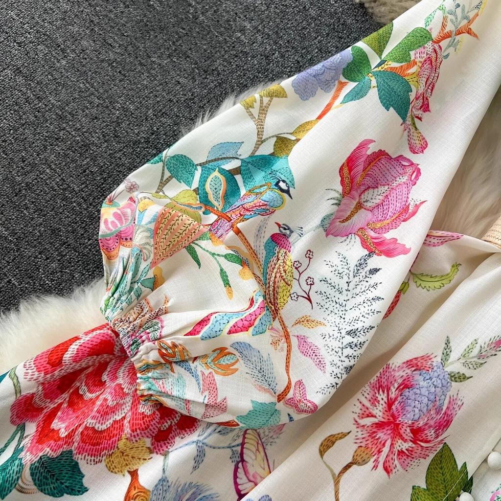 Plus Size Elegant Floral Print Holiday Beach Long Maxi Robe Dresses Women Spring Summer Stand Lantern Sleeve Sashes Robes