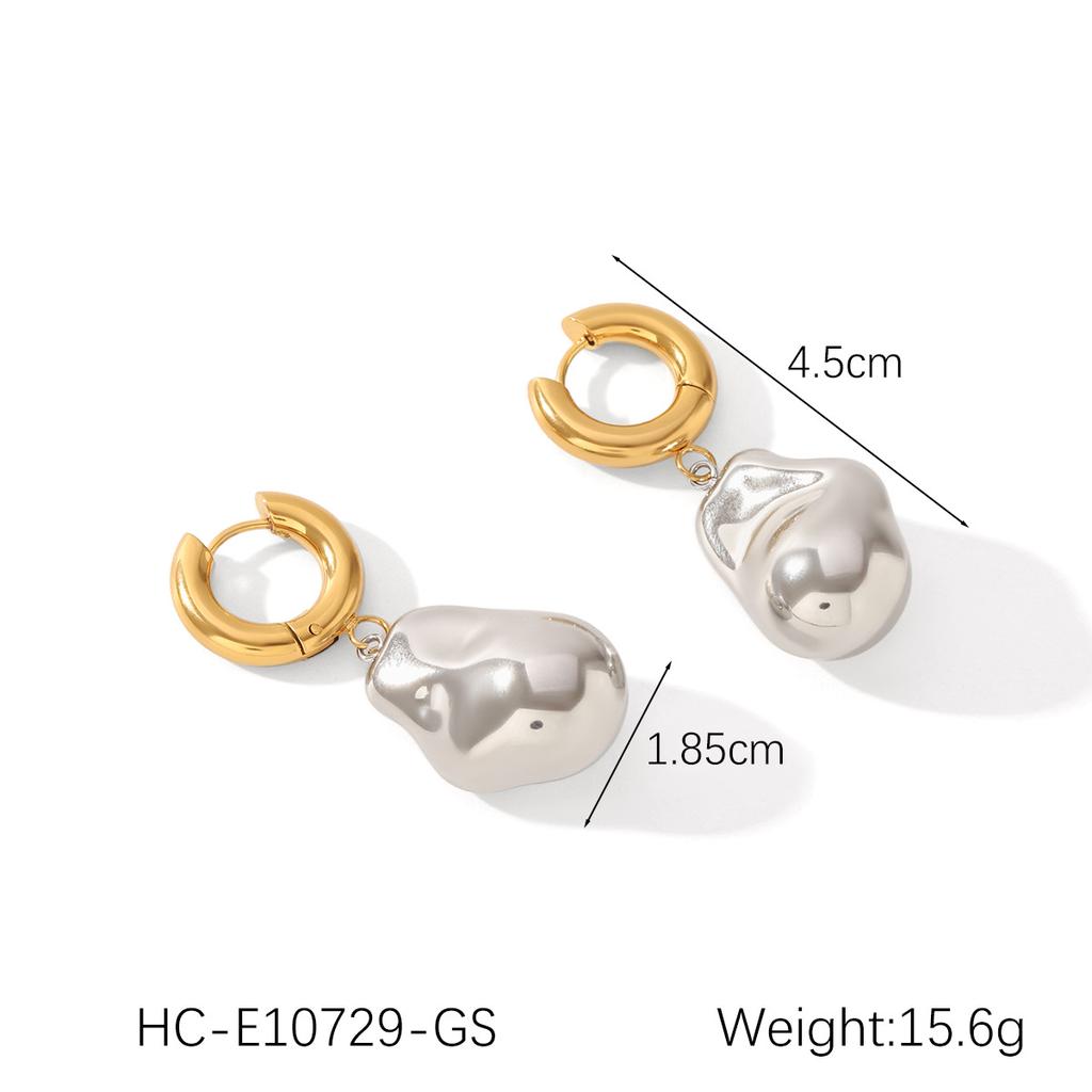 18K Gold Stainless Steel Plain Hoop Earrings, Ins Style Niche Design, Premium Steel Bead Baroque Pendant Earrings