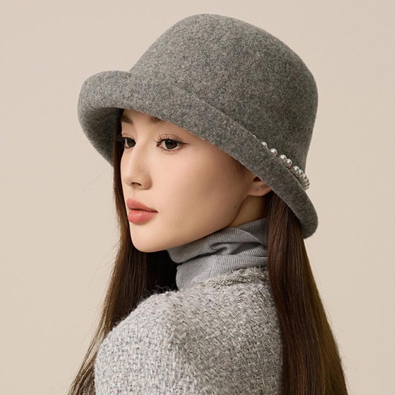 Pearl Wool Top Hat Women's Dome Hat Autumn Winter Warm Bucket Hat