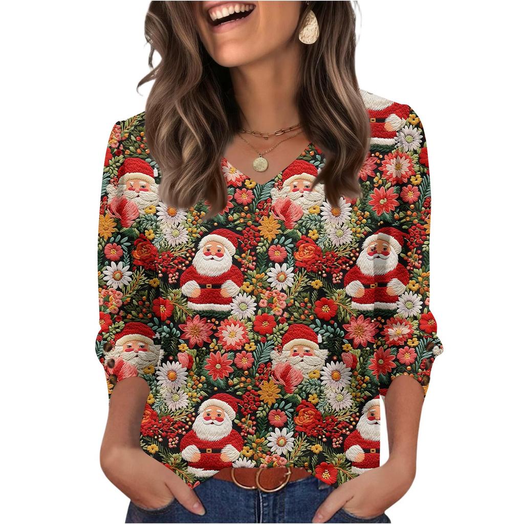 Women's Fashionable Casual Christmas Printed V-neck Top