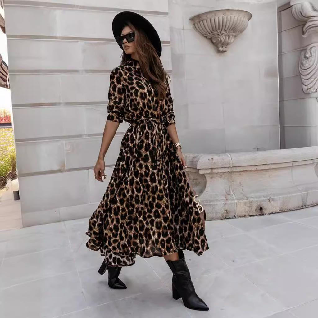 Popular Women's Clothing European Station Autumn and Winter Long-sleeved Leopard Print Dress