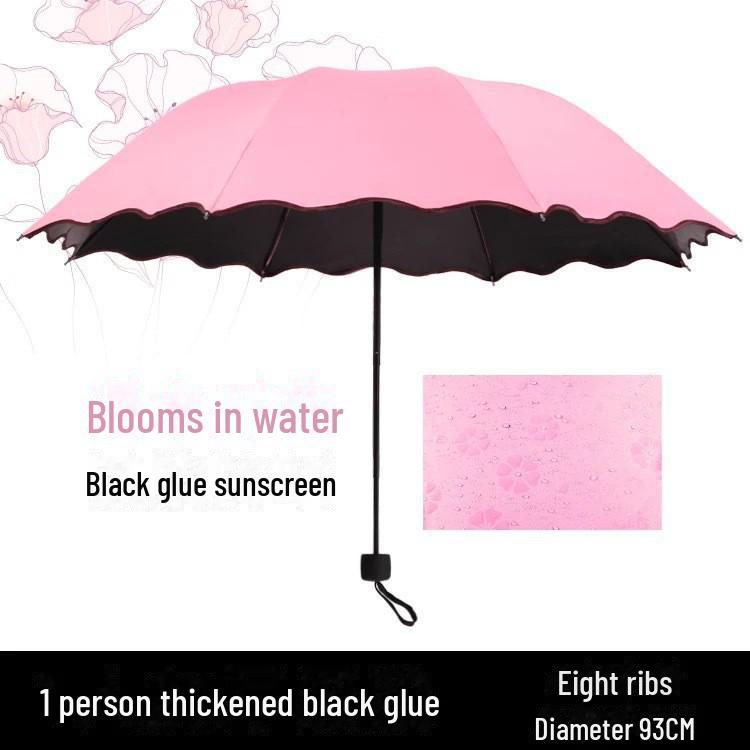 Dual-Use Water-Blooming Parasol: Foldable, Sun & Rain Black Glue Umbrella, Customizable LOGO.