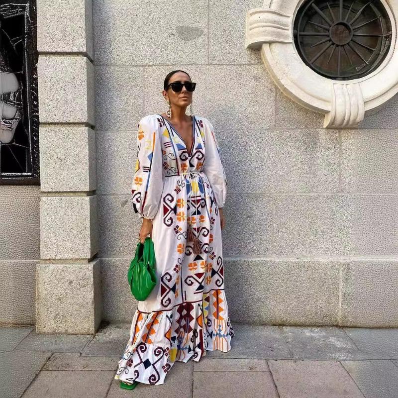 Женское праздничное платье с рукавами-фонариками и принтом, длинное