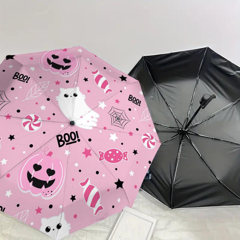 1pc Pink Halloween Pattern Umbrella with Plastic Handle,Suitable for All Seasons Home Travel Outdoor UmbrellaDD1809