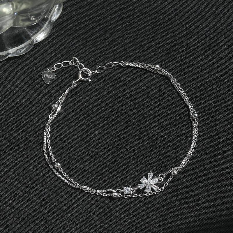 Sterling Silver S925 Silver Bracelet Women's New Flower Bracelet Korean Trend Fashion Temperament Zircon Cherry Blossom Double Layer Bracelet