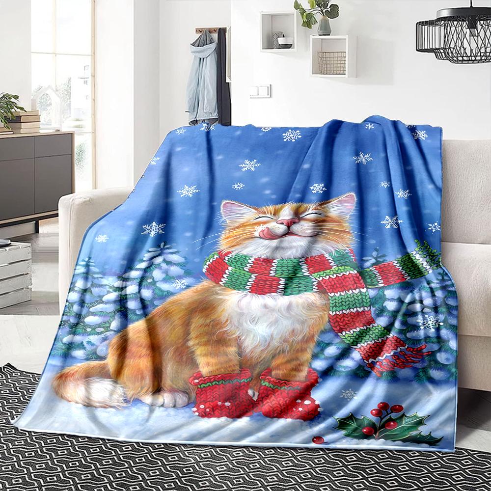 Christmas Cat Snow Blanket Soft Throw Blanket For Home Bedroom Bed Sofa Travel Office Solid Christmas Blanket